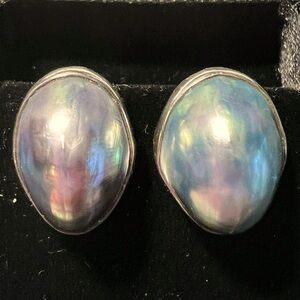 Beautiful VTG Silver-Grey Mabe Pearl Earrings  Set in 14k Gold over Sterling